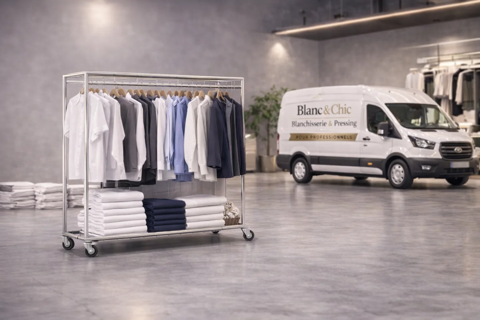 Blanchisserie professionnelle Blanc & Chic : portant de vêtements devant le camion de collecte